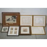 Collection of Seven Pencil Drawings and Engravings including Three Pencil and Pen Drawings of scenes