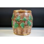 19th Century George Jones Majolica lidded biscuit barrel, with relief moulded grapevine