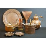 Early 20th century copper ware, 8 pieces, to include an Arts & Crafts charger with planished