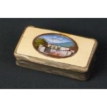 Grand Tour horn snuffbox with painted panel to lid, 8cm long (crack to glass not image)