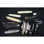 Seven pen and fruit knives to include an Edwardian silver bladed mother of pearl fruit knife,