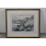 T H Morgan, Pen and Ink Drawing of a Continental Village by a Lake and Mountains, signed lower