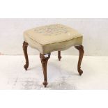 French style square Dressing Stool with needlework upholstered seat and raised on slender carved
