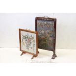 19th century Mahogany Firescreen inset with a floral needlework panel and pull out panel to side,