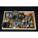 A small collection of mixed metal ware to include a pewter quaich, brass stamp holder, brass zippo