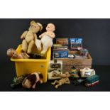 Mixed toys and games to include 2 vintage jointed teddy bears, Alco Japanese tin plate frog toy,