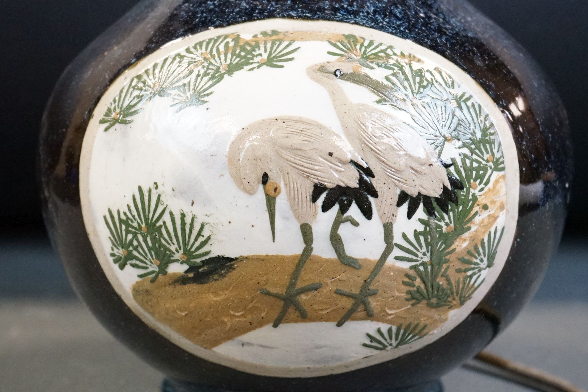 20th Century Pottery bottle vase with relief moulded stork panel decoration on a mottled blue - Image 2 of 4