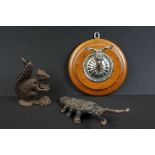 Novelty cast iron squirrel nutcracker together with a mid 20th century chromed stag wall plaque