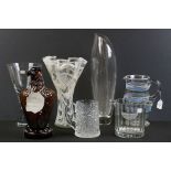 Seven items of 20th century glassware to include a Dartington Crystal vase of plain fluted form,