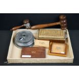 A small group of mixed collectables to include a pewter inkwell, straw work box, trinket box,