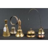 Six vintage and antique bells to include 2 brass & iron servants bells (tallest 29.5cm), a brass