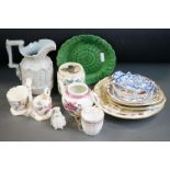 Mixed 19th Century ceramics, 15 items, to include a Wedgwood majolica relief-moulded leaf plate,