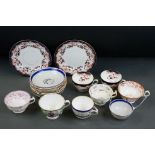 Collection of porcelain tea ware, mostly 19th century, comprising 2 x Crown Chelsea trios with