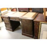 Victorian style Twin Pedestal Writing Desk, the top with three leather covered panels over a