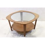 Mid century Retro G-plan style Teak Coffee Table with glass inset top and under-shelf, 69cm wide x