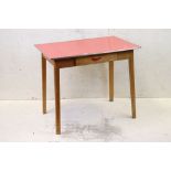 Mid century Red Formica Top Kitchen Table, the beech wood base with single drawer, 91cm long x