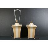 Pair of 20th century painted metal table lamps of square tapering pagoda-like form, with striped