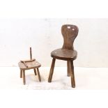 Rustic Walnut Chair with solid burr shaped back, thick plank seat and three legs, 38cm wide x 82cm