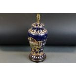 Vienna Style porcelain lamp base with transfer printed panels depicting young ladies on cobalt