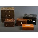 Four vintage wooden boxes to include a mid 20th century cigarette box with Australian silver