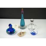 Four Glass Scent Bottles including Dartington Clear Glass and Blue Frosted Glass with a Coloured