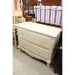 French style Serpentine Chest of Two Long Drawers with a distressed cream finish, 96cm long x 49cm