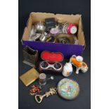 A box of mixed collectables to include crested china, opera glasses, cruet set, cloisonné dish,