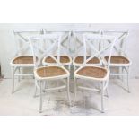 Set of Six White Painted Cross-back Bistro Chairs with cane seats, each 44cm wide x 90cm high