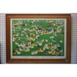 Oak framed vintage Chinese propaganda poster entitled ' Brigade Chicken Farm ', 72cm x 52cm