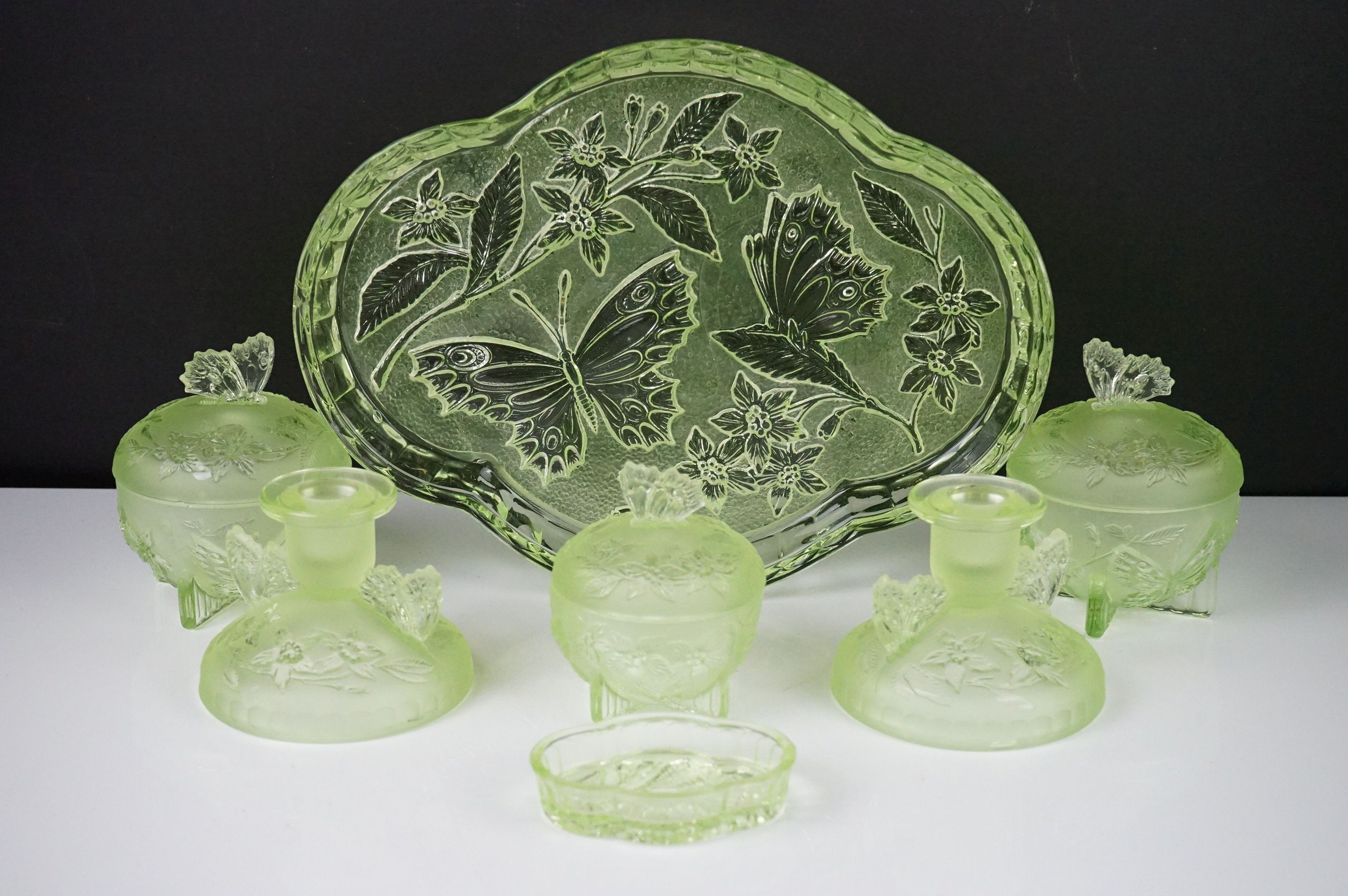 Art Deco Sowerby Green Uranium Glass ' Butterfly ' Dressing Table Set comprising tray, two