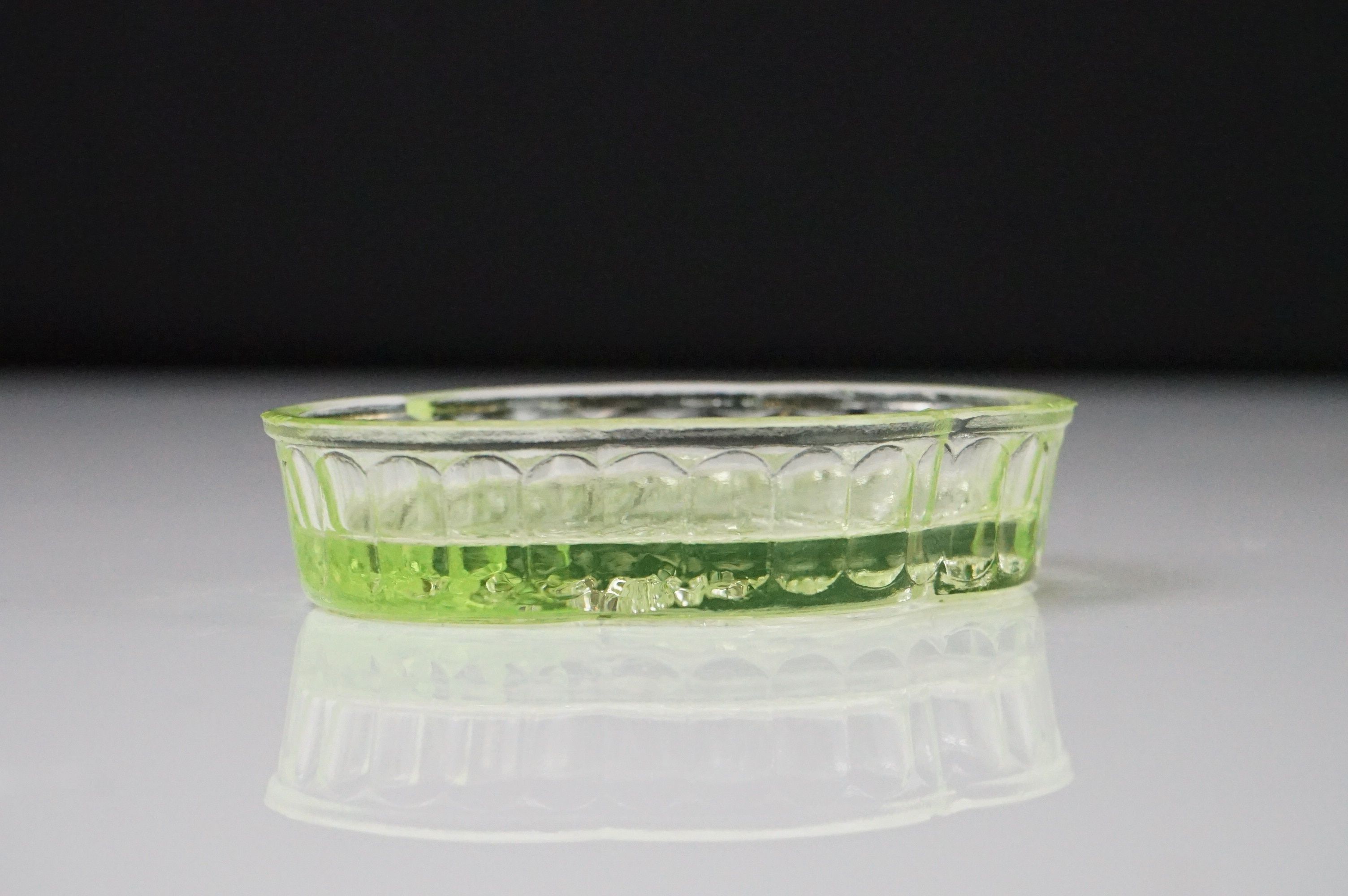 Art Deco Sowerby Green Uranium Glass ' Butterfly ' Dressing Table Set comprising tray, two - Image 11 of 13
