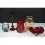 Whitefriars - Five items of glass including Ruby Bubble Control Lobed Vase, 13cm high, Amber