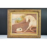 Gilt framed oil painting, surrealist mythological scene with stallion being startled by orb with eye