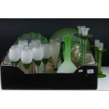 Collection of Frosted White and Green Glassware including 11 x tall tulip shaped wine glasses, 3 x