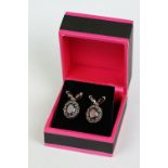 Cased pair of silver, marcasite and garnet drop earrings