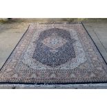 Large Blue and Cream Ground Wool and Silk Rug, 276cm x 380cm