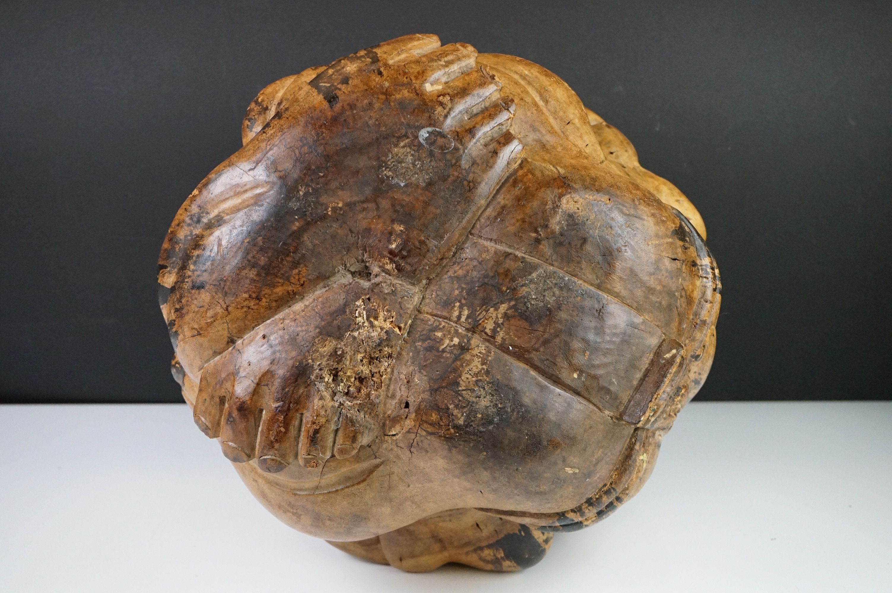 Carved Wooden Sculpture of a Seated Man with his head in his lap, 30cm high x 31cm wide - Image 8 of 8