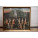 Large Indian Painting on Fabric depicting dancing ladies worshiping the image of a Hindu Deity in