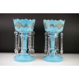 Pair of 19th century Bohemian blue glass lustres with hanging crystal droplets, with gilt and