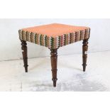 19th century Square Dressing Stool with upholstered seat and raised on turned tapering legs, 46cm