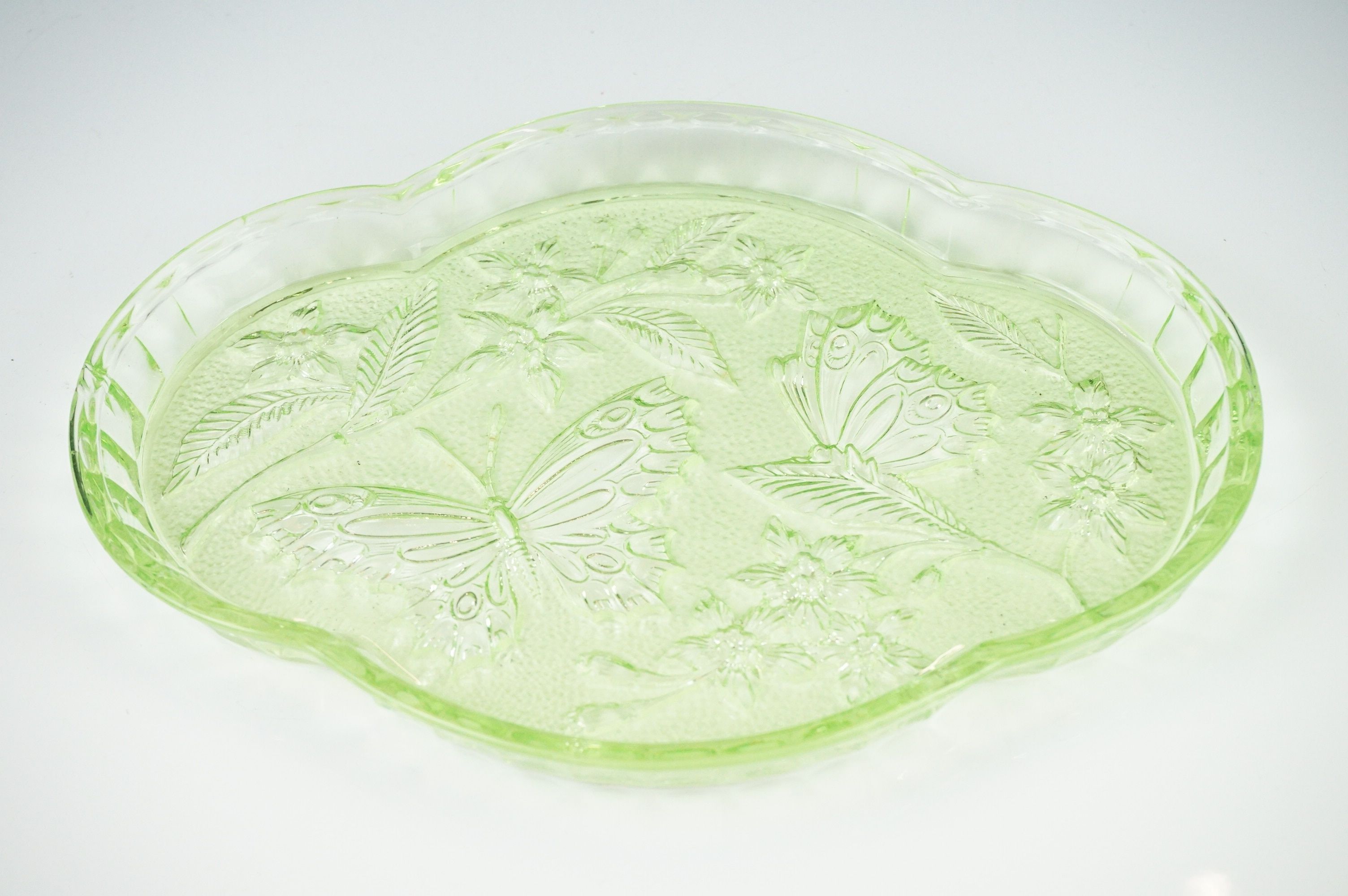 Art Deco Sowerby Green Uranium Glass ' Butterfly ' Dressing Table Set comprising tray, two - Image 3 of 13