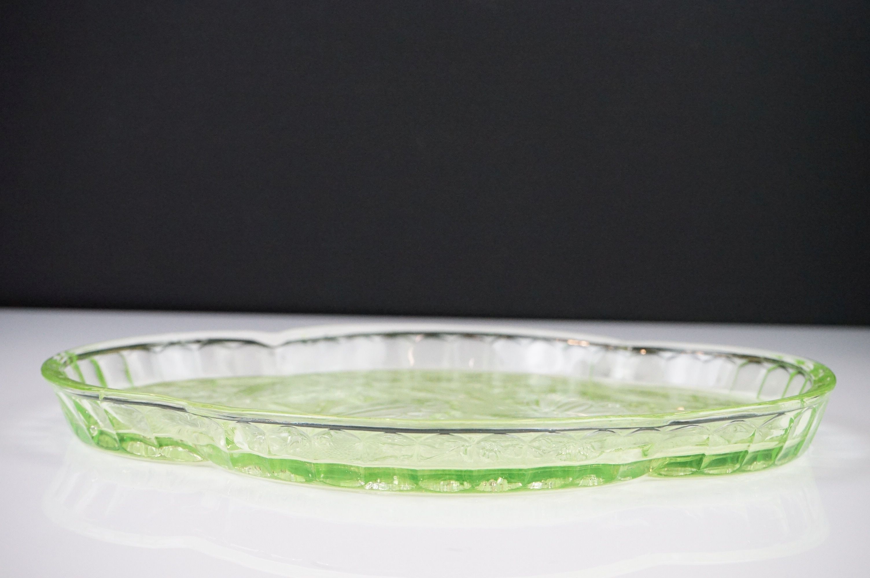 Art Deco Sowerby Green Uranium Glass ' Butterfly ' Dressing Table Set comprising tray, two - Image 4 of 13
