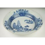 Chinese Blue and White Bowl decorated with pagodas and trees, probably 18th century, 34cm diameter