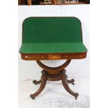 Regency Rosewood Inlaid Fold-over Card Table with green baize playing surface, raised on a curved