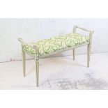 Window Seat in the Regency style with a cream and green painted distressed finish and upholstered