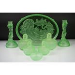 Walther & Sohne Green Uranium Glass ' Nymphen ' Dressing Table Set comprising tray, two