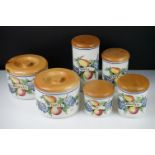 Six Mid century Retro Italian Capodimonte Kitchen Storage Jars with Wooden Lids all hand painted