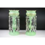 Pair of 19th century green glass lustres with faceted hanging crystal droplets, with gilt Greek