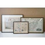 Three framed antique regional maps of Dorsetshire, Cheshire & Sussex, one dated 1730