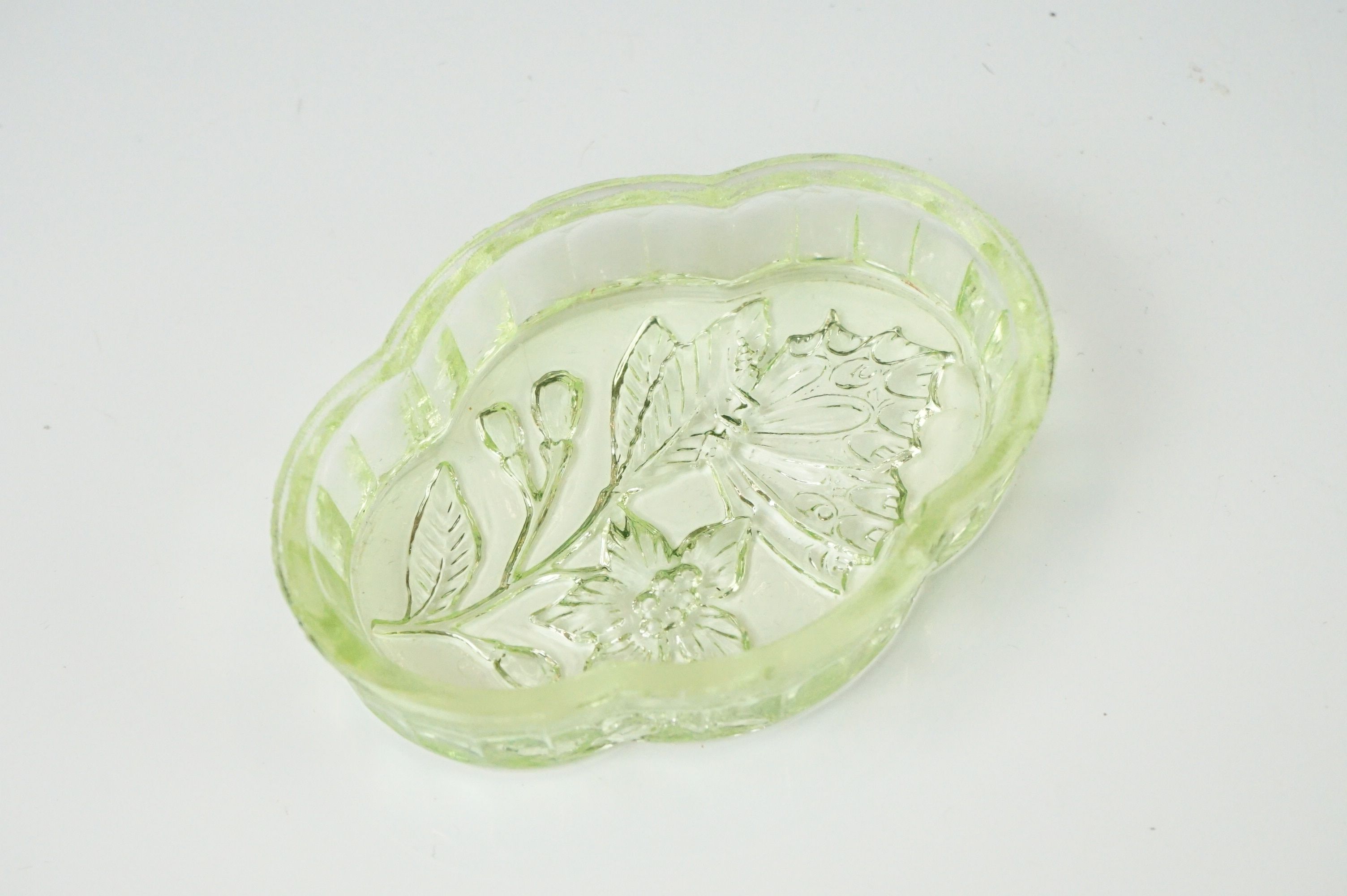 Art Deco Sowerby Green Uranium Glass ' Butterfly ' Dressing Table Set comprising tray, two - Image 10 of 13